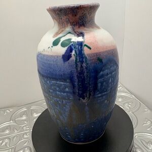 Vintage Singed Pastel Blue,purple And Pink Pottery Vase